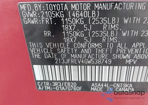 2016 Toyota Rav4 Se from USA, damaged, VIN 2T3JFREV4GW538749